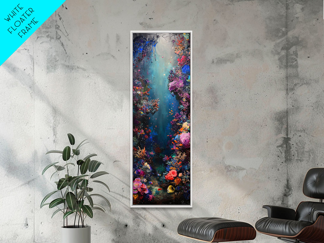 Deep Sea Adventure with Colorful Coral Reefs, Skinny and Tall Art, Stunning Framed Canvas Print, Underwater Landscape Wall Art