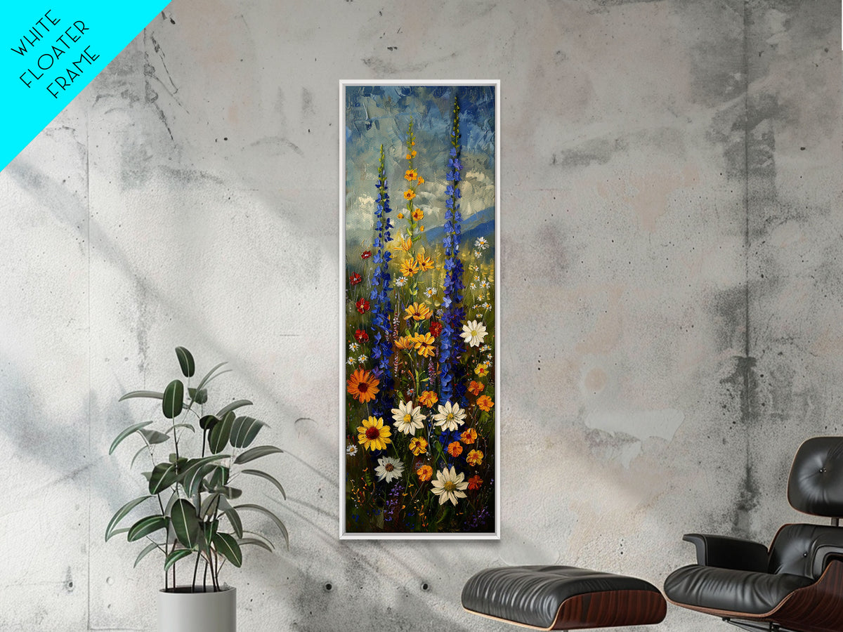 Lush Wildflowers in a Vibrant Meadow, Skinny and Tall Art, Colorful Floral Landscape, Framed Canvas Print, Nature Lovers