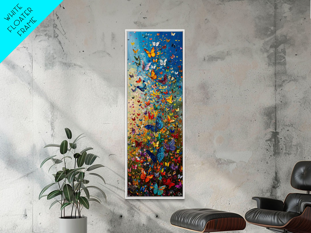 Burst of Colorful Butterflies in a Floral Meadow, Skinny and Tall Art, Energetic Framed Canvas Print, Vibrant Wall Art
