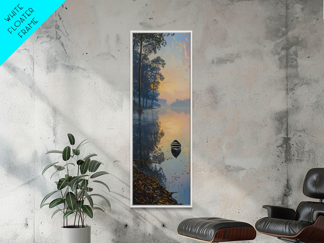 Calm River Reflection with a Lone Boat, Skinny and Tall Art, Serene Landscape Framed Canvas Print, Tranquil Wall Art