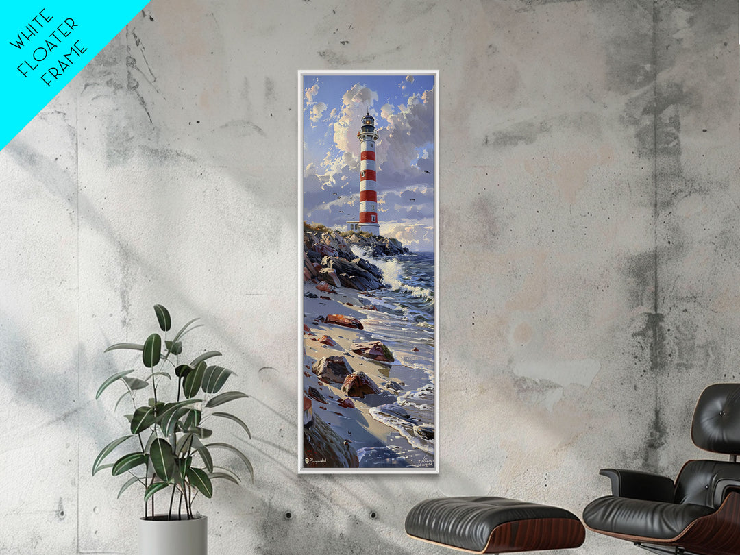 Framed Canvas Print Skinny Art of a Majestic Lighthouse Standing Tall Against a Bright Blue Sky with Waves Crashing on Rocky Shores, Perfect Tall Art