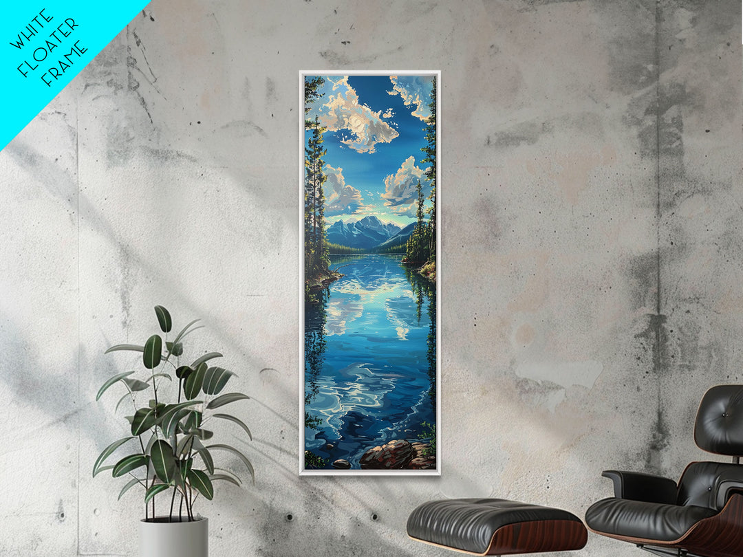 Framed Canvas Print Skinny Art of a Clear Lake Surrounded by Pine Trees with Majestic Mountains in the Distance Under a Blue Sky, Ideal Tall Landscape Art
