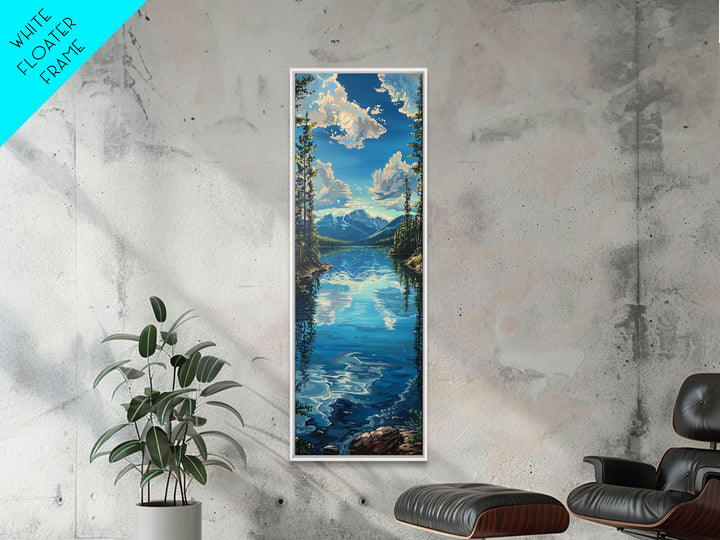 Framed Canvas Print Skinny Art of a Clear Lake Surrounded by Pine Trees with Majestic Mountains in the Distance Under a Blue Sky, Ideal Tall Landscape Art