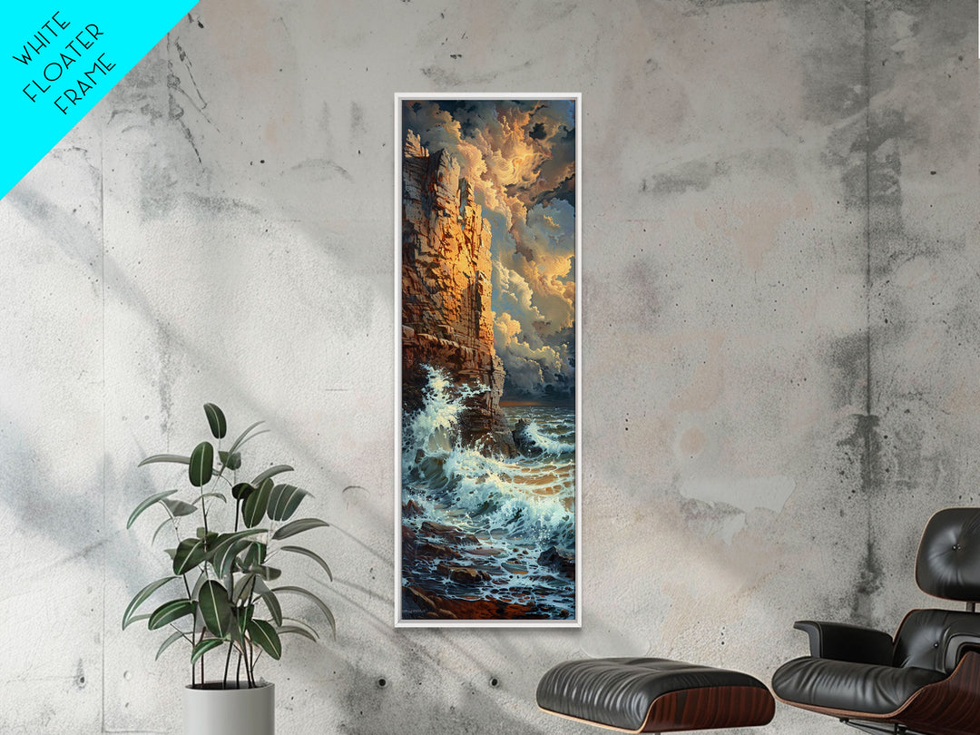 Majestic Cliffside and Crashing Waves in a Coastal Landscape on a Framed Canvas Print Tall Art Piece