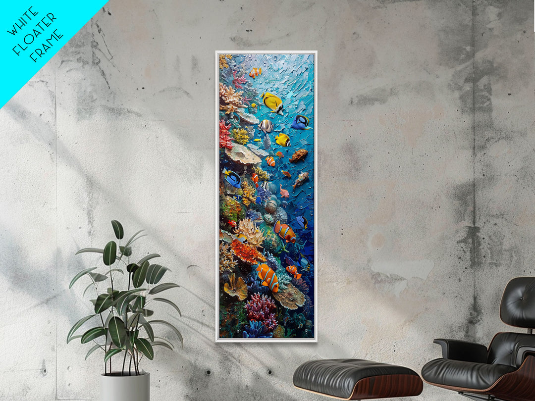 Vibrant Coral Reef Underwater Scene Featuring Diverse Tropical Fish on a Framed Canvas Print Skinny Art Piece