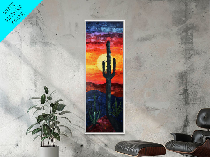 Desert Landscape with Saguaro Cactus Silhouette Against a Fiery Sunset on a Framed Canvas Print Skinny Art Piece