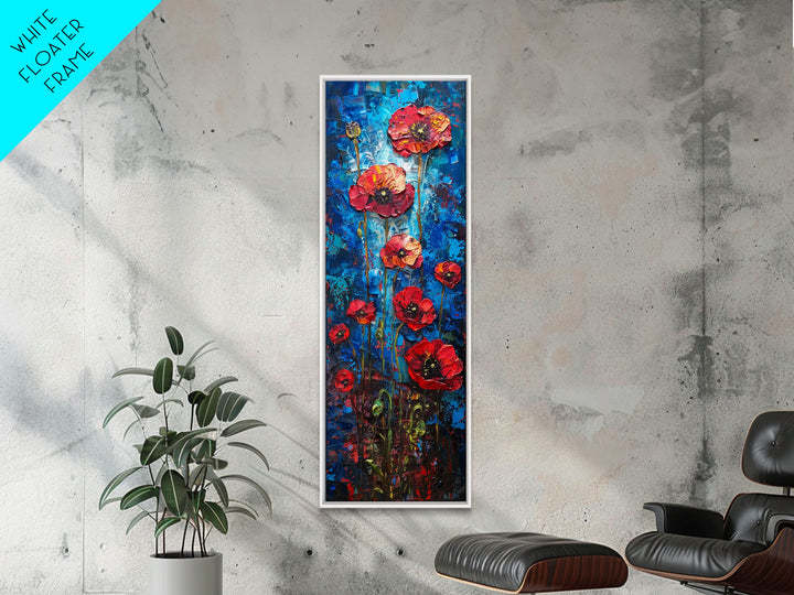 Red Poppies on Textured Blue Canvas as Tall Skinny Art Framed Canvas Print Perfect for Bold Wall Decor in Modern Spaces