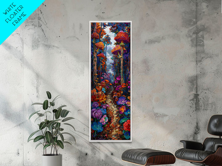 Fantasy Forest Pathway with Giant Mushrooms as Tall Skinny Art Framed Canvas Print for Whimsical Wall Decor in Unique Spaces