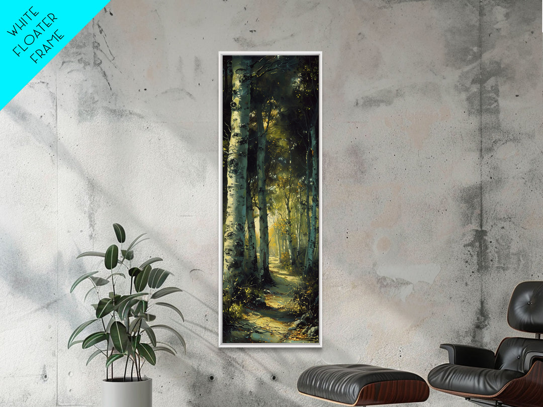 Serene Birch Tree Pathway in Tall Skinny Art Framed Canvas Print Perfect for Tranquil Wall Decor in Bedrooms or Study Rooms