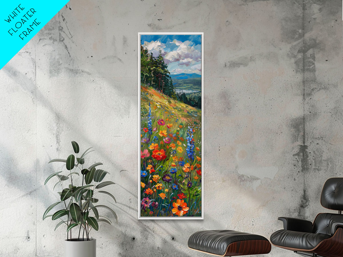 Wildflowers In Bloom, Framed Canvas Print, Skinny Panoramic Landscape Painting, Beautiful Wall Art, Gift Idea For Her, Housewarming