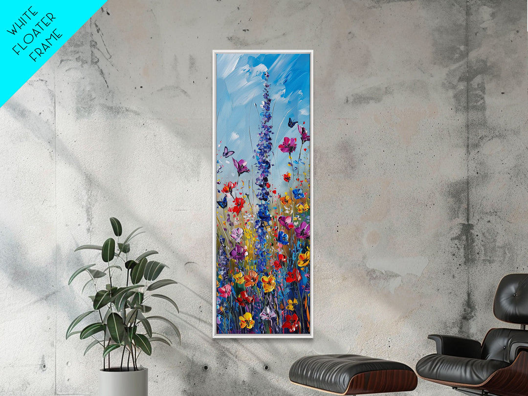Butterflies and Wildflowers, Framed Canvas print, Wood Framed Art, Living Room Decor, Skinny Art, Boho Style Minimalist Wall Art