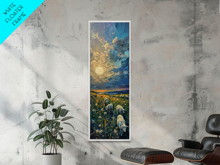 Lambs At Sunset Farmhouse Decor, Framed Canvas Print, Unique Wall Art, Skinny Art, Tall Wall Art, Art For Small Spaces