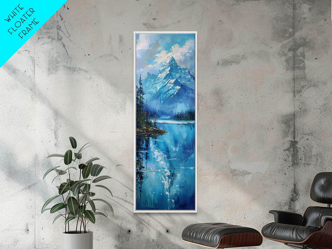 Mountain Reflections In The Lake Framed Canvas Print, Boho Style Oil Painting Print, Minimalist Decor, Unique Gift Idea, Skinny Art For Small Spaces