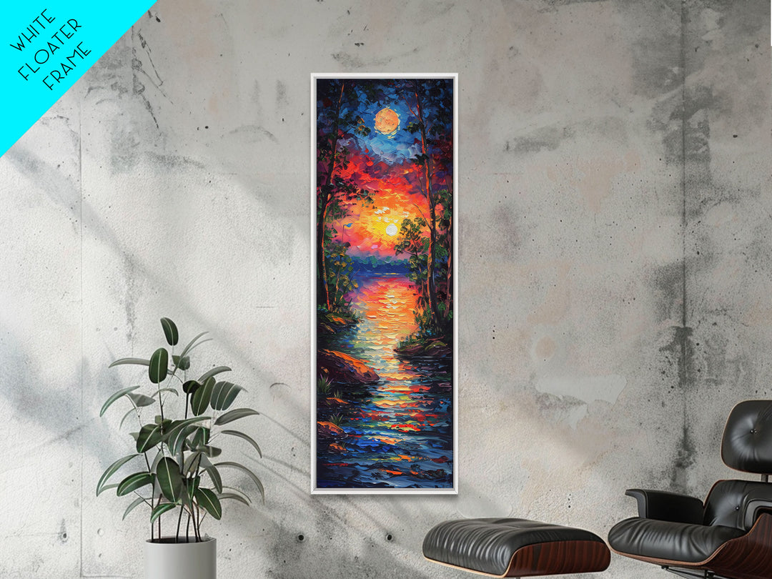 Sunset and Full Moon Over The lake Framed Canvas Print, Nature Decor, Landscape Oil Painting Print Wall Art, Skinny / Tall Art for Small Spaces