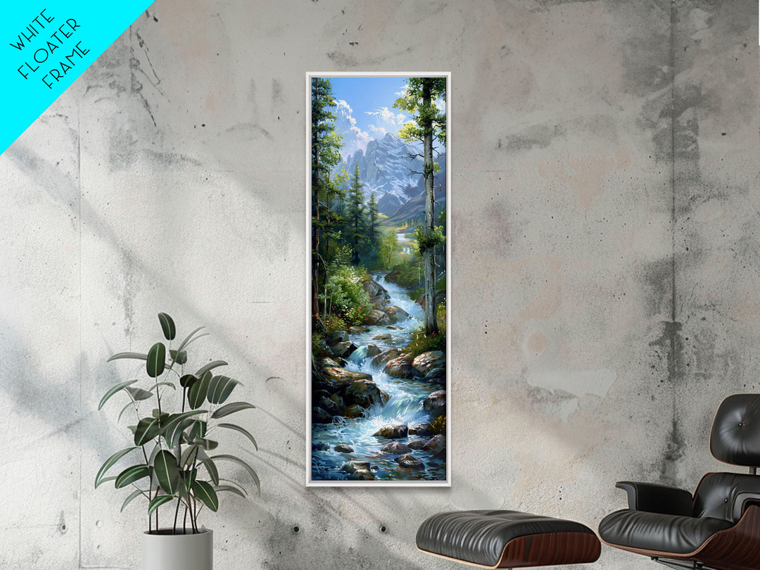 Majestic Mountain Stream In A Serene Forest Landscape, Farmhouse And Minimalist Art Style, Boho Wall Art In Tall Canvas Print