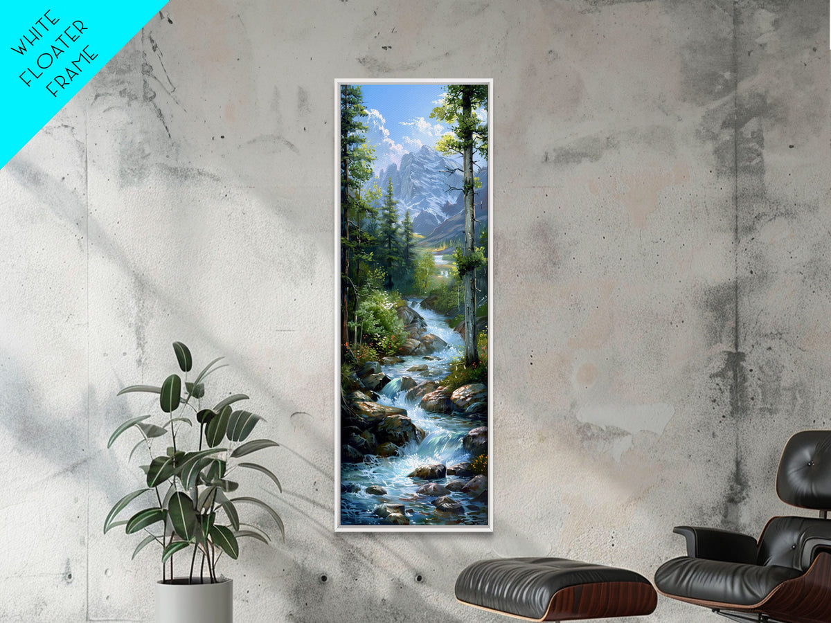 Majestic Mountain Stream In A Serene Forest Landscape, Farmhouse And Minimalist Art Style, Boho Wall Art In Tall Canvas Print