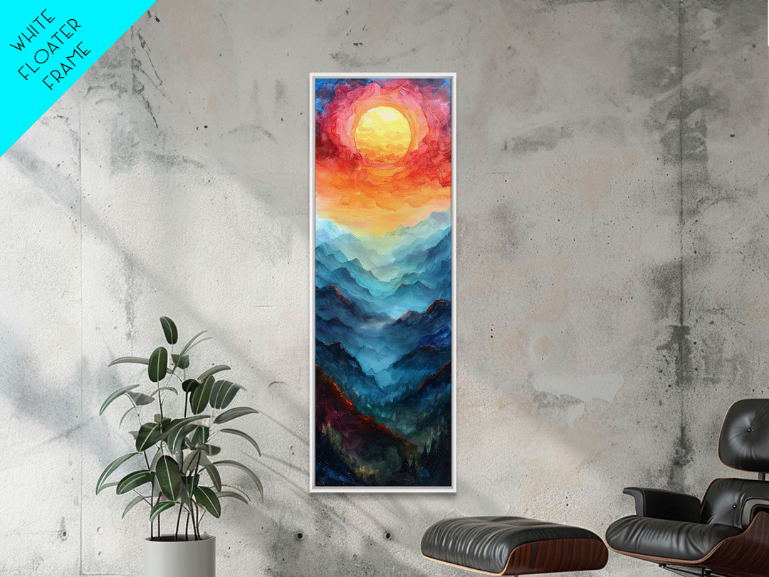 Majestic Sunrise Over Mountain Range Boho Sunset Landscape Framed Canvas Print Tall Art Japanese Style Art