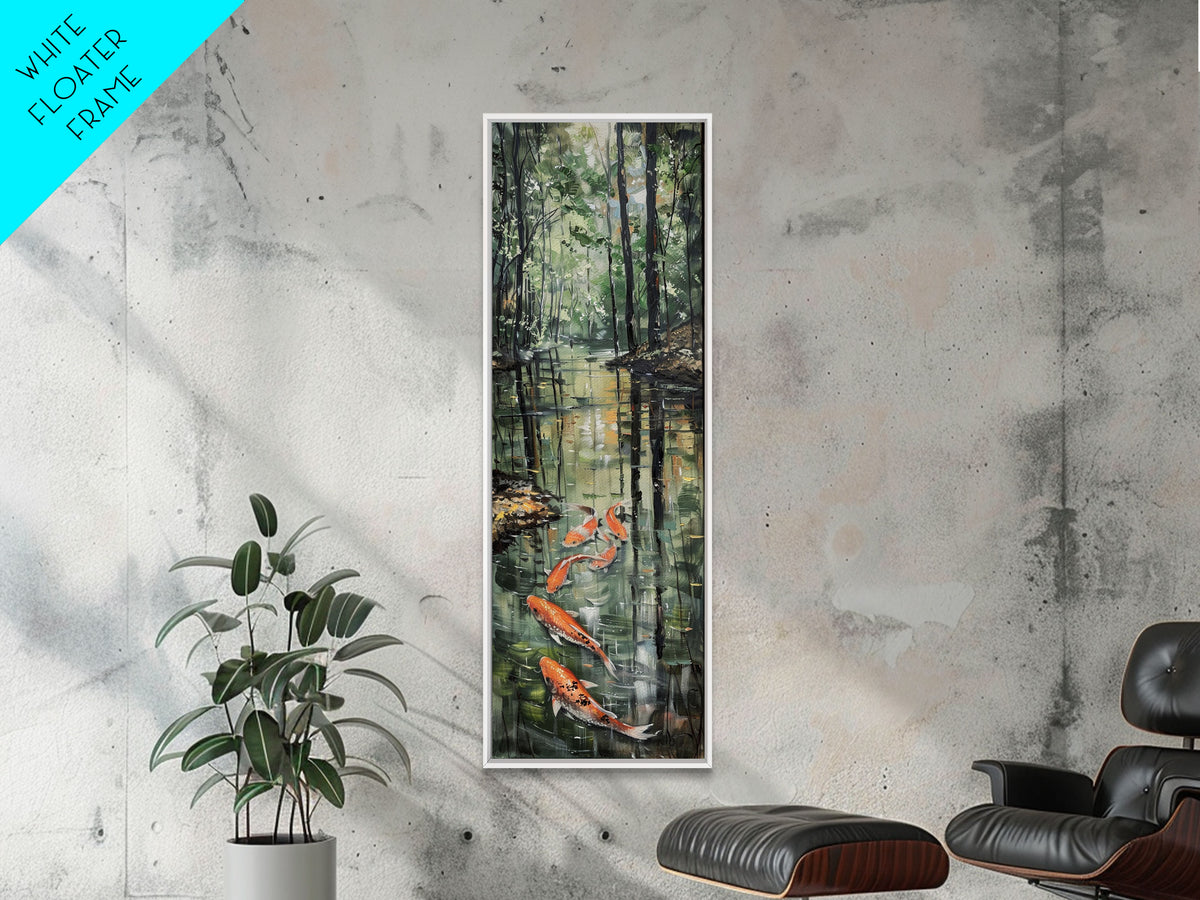 Elegant Koi Fish Swimming Serene Water Garden Nature Art Framed Canvas Print Tall Art Japanese Style Art