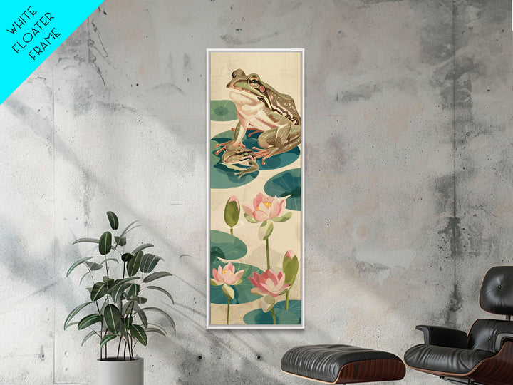 Frogs On Lily Pads Canvas In Japanese Ukiyo-e Style, Traditional Woodblock Print, Framed Canvas Print, Tall Skinny Japanese Wall Art, Ready To Hang