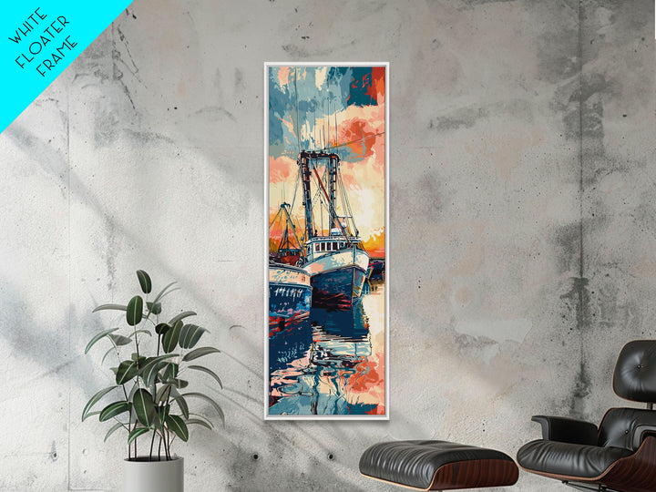 Majestic Fishing Boats Resting in a Vibrant Sunset Harbor - Skinny Art, Japanese Wall Decor, Framed Canvas Print, Ukiyo-e Style