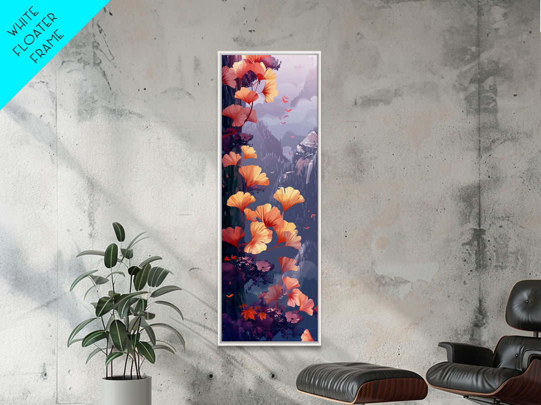 Ethereal Autumn Ginkgo Leaves Skinny Art Tall Art Japanese Ukiyo-e Inspired Botanical Framed Canvas Print