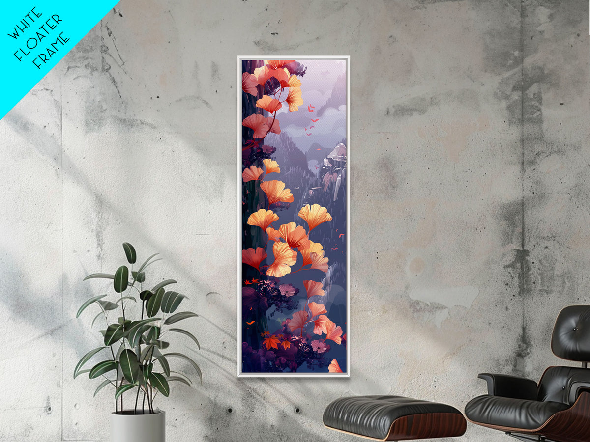 Ethereal Autumn Ginkgo Leaves Skinny Art Tall Art Japanese Ukiyo-e Inspired Botanical Framed Canvas Print