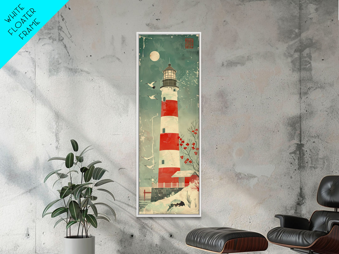 Japanese Woodblock Print Of A Traditional Lighthouse Surrounded By Seagulls Framed Canvas Print Ready To Hang For Wall Art Decor