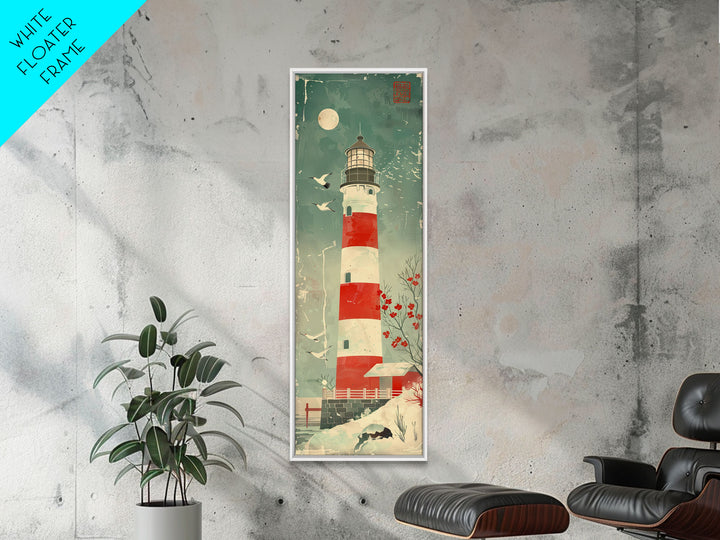 Japanese Woodblock Print Of A Traditional Lighthouse Surrounded By Seagulls Framed Canvas Print Ready To Hang For Wall Art Decor