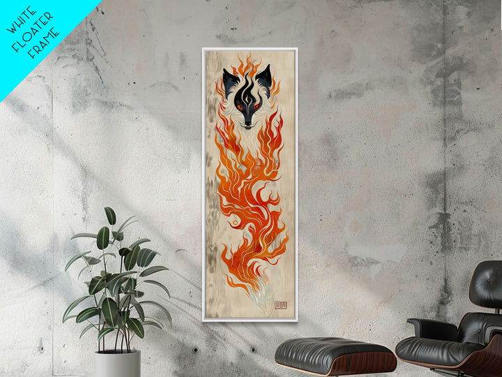 Fiery Kitsune Spirit Skinny Art Tall Art Japanese Ukiyo-e Inspired Mythical Creature Framed Canvas Print