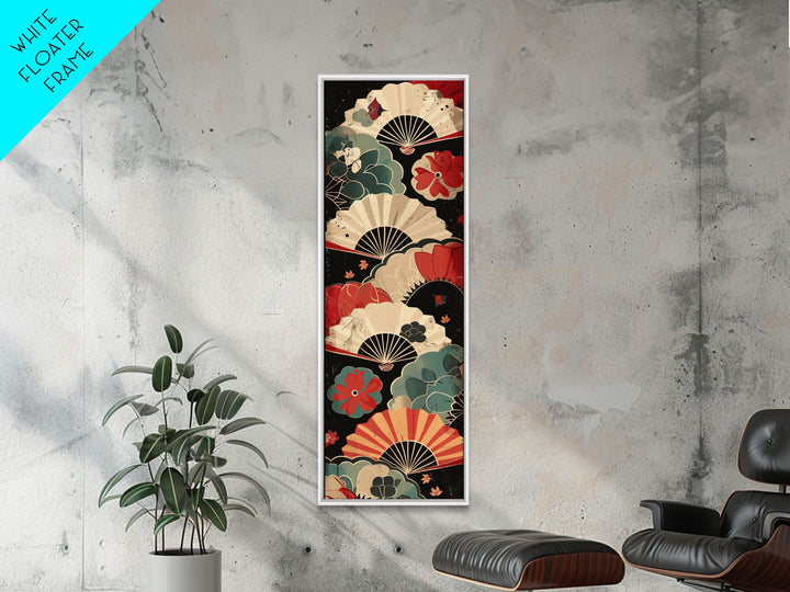Japanese-Inspired Fan Art in Bold Red and Cream Accents on Tall Vertical Canvas Print Featuring Elegant Floral Design