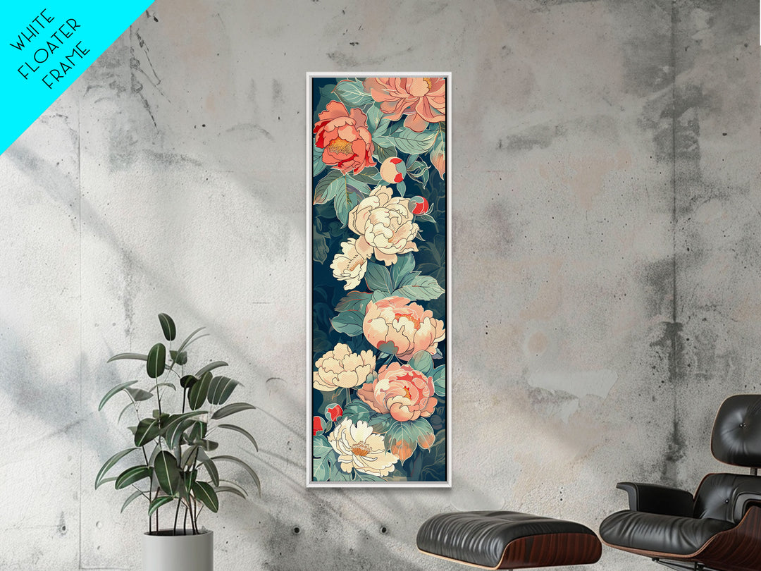 Delicate Peony Blossoms in Soft Pastel Hues on Japanese-Inspired Tall Vertical Canvas Print for Elegant Floral Decor