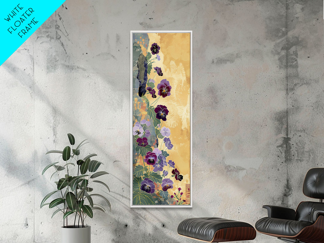 Deep Purple Pansy Flowers Against Textured Gold Background on Tall Vertical Canvas Print for Rich Floral Wall Decor