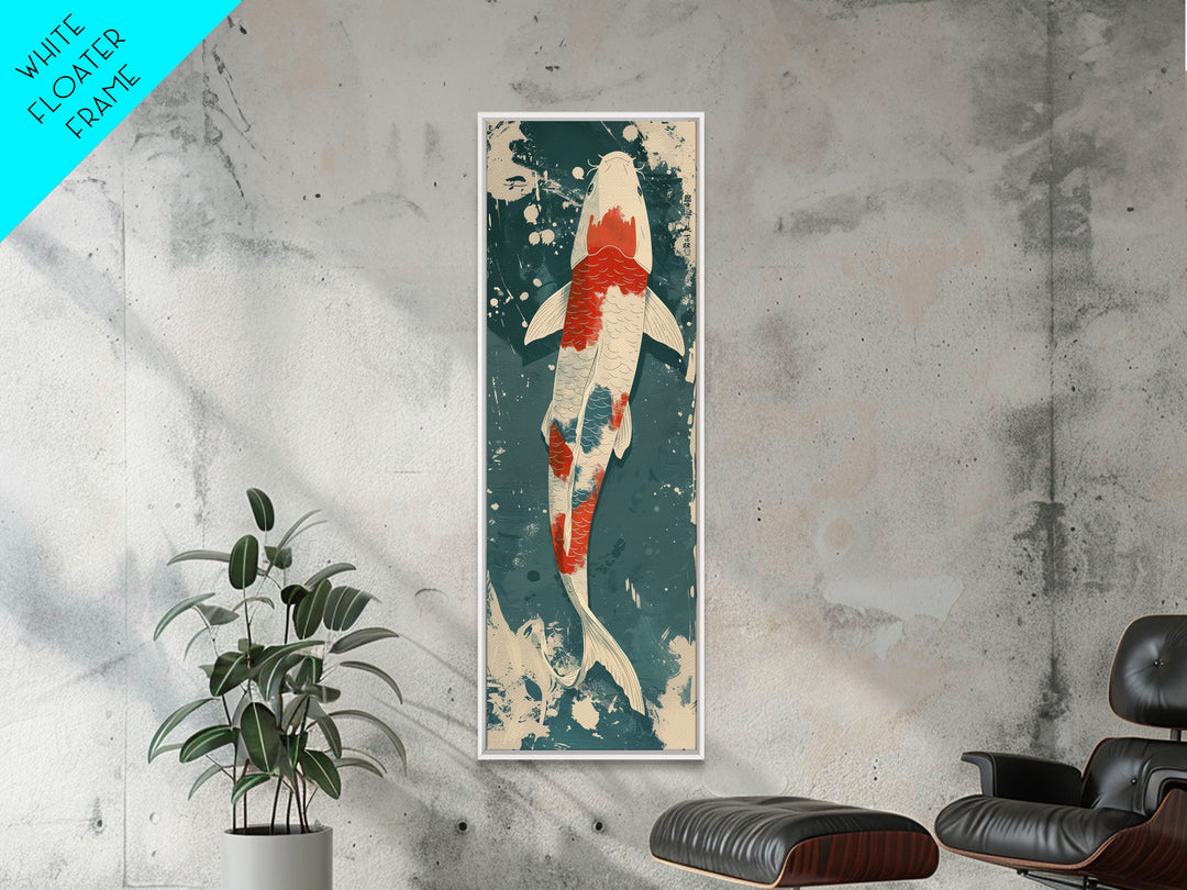 Serene Koi Fish Swimming in Deep Blue Water with Red Accents on Tall Vertical Japanese-Inspired Canvas Print