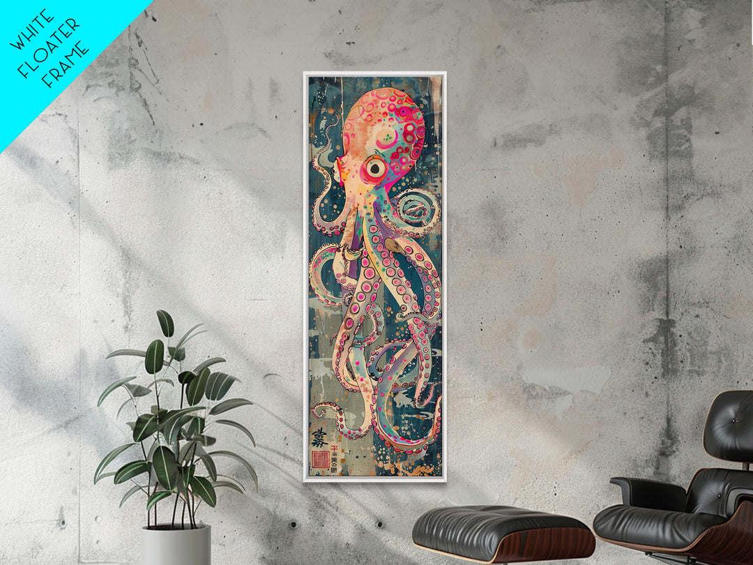 Vibrant Octopus Art in Bold Colors on Tall Vertical Canvas Print Featuring Japanese-Inspired Marine Life Design