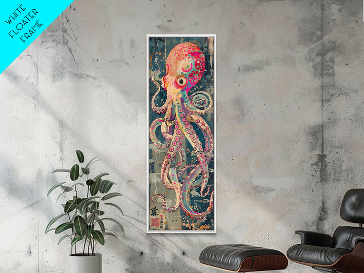 Vibrant Octopus Art in Bold Colors on Tall Vertical Canvas Print Featuring Japanese-Inspired Marine Life Design