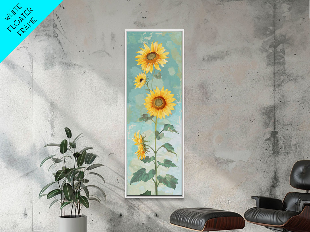 Japanese Skinny Art of Sunflowers with Golden Petals and Verdant Stems on a Pastel Blue Background – Framed Canvas Print