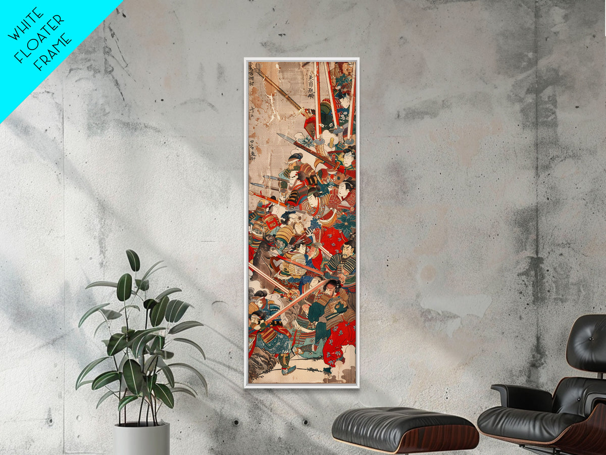 Samurai Warriors in Battle – Traditional Japanese Skinny Art with Historic Details – Framed Canvas Print