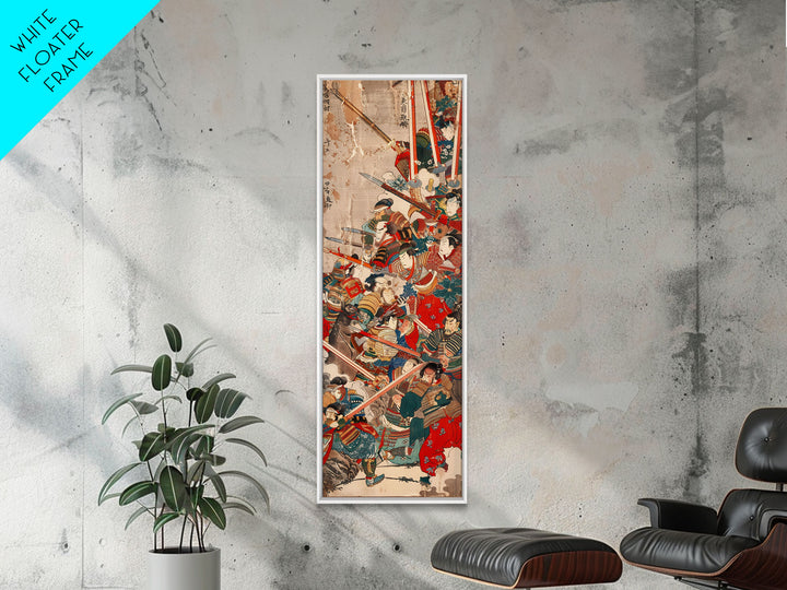 Samurai Warriors in Battle – Traditional Japanese Skinny Art with Historic Details – Framed Canvas Print
