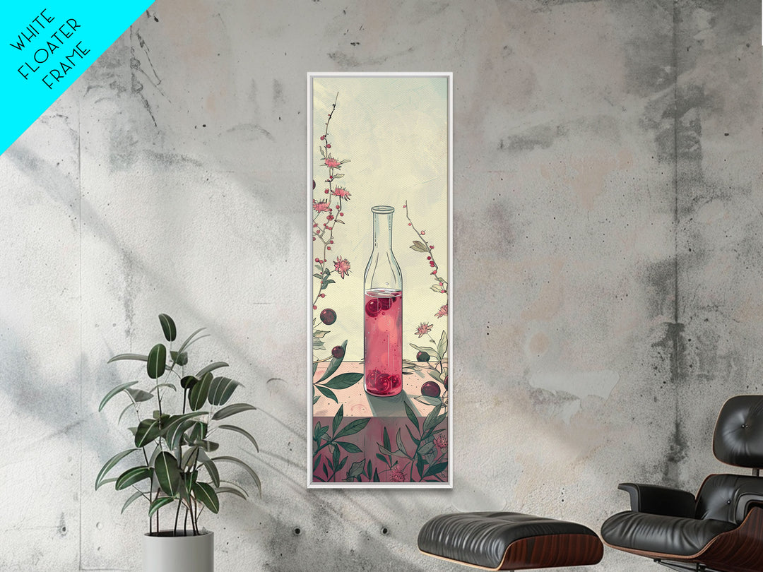 Skinny Art of Still Life with Elegant Glass Bottle and Floral Accents – Japanese-Inspired Framed Canvas Print