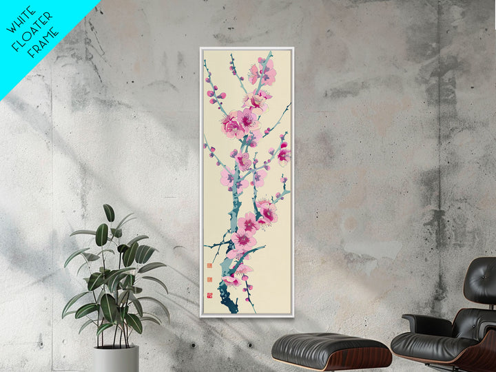 Plum Blossom Branch in Japanese Skinny Art with Delicate Pink Flowers – Framed Canvas Print
