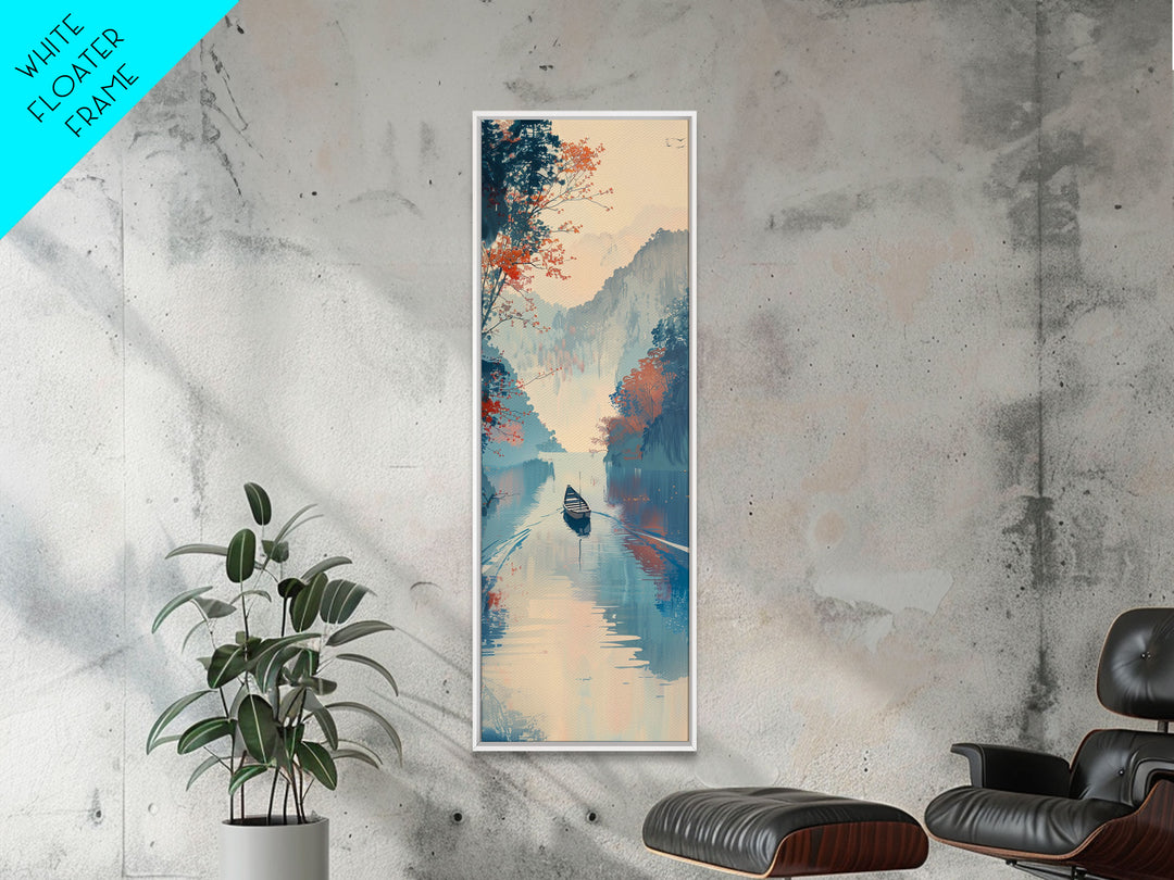 Serene Japanese Landscape Framed Canvas Print Featuring A Calm River Scene With Boat And Misty Mountains, Traditional Wall Art, Ready To Hang