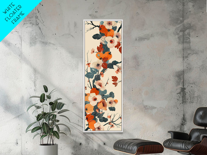 Skinny Art of Persimmon Branch with Delicate White Flowers – Japanese-Inspired Framed Canvas Print