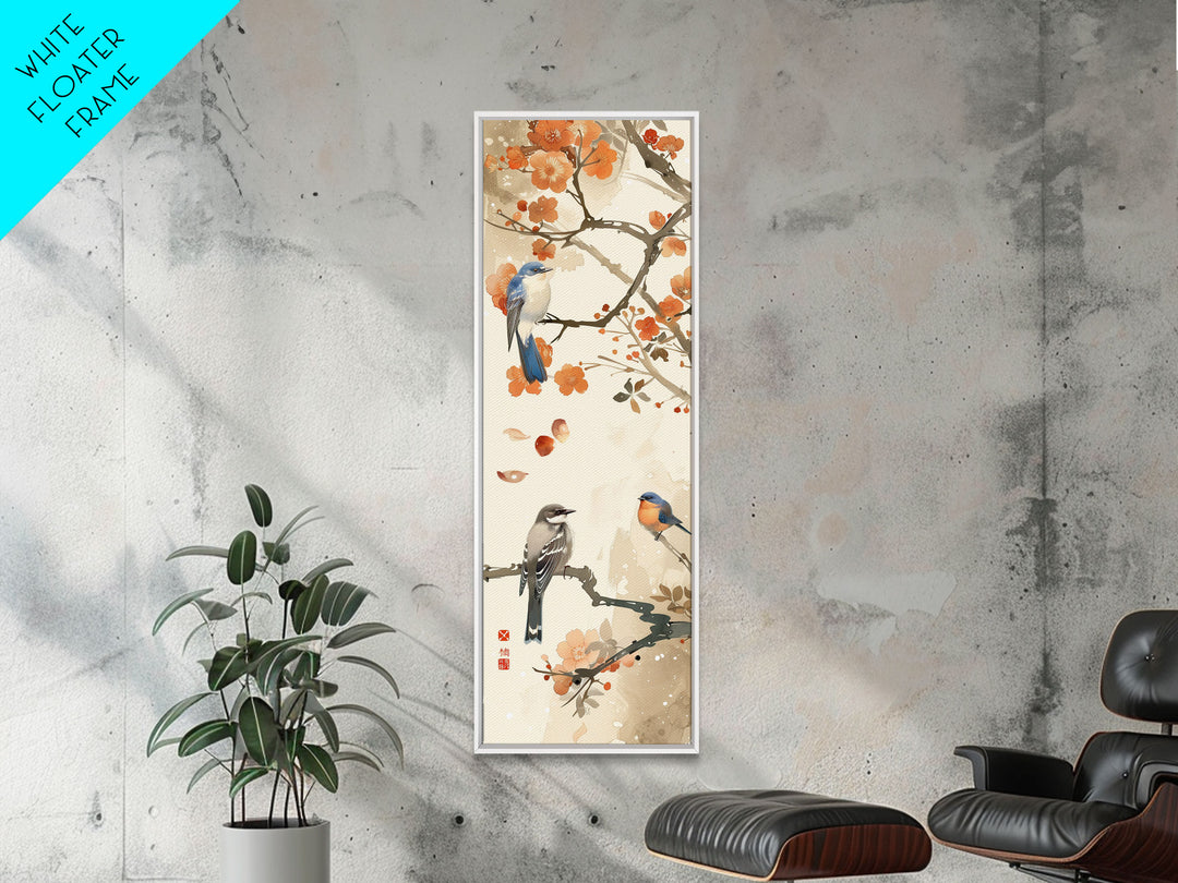 Japanese Art Inspired by Tranquil Birds and Blossoms, Framed Canvas Print for Tall Skinny Art Lovers in Ukiyo-e Style