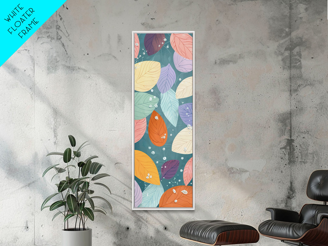 Floating Leaves in Soft Pastel Colors, Skinny Tall Art with Japanese Influence, Framed Canvas Print in Ukiyo-e Style