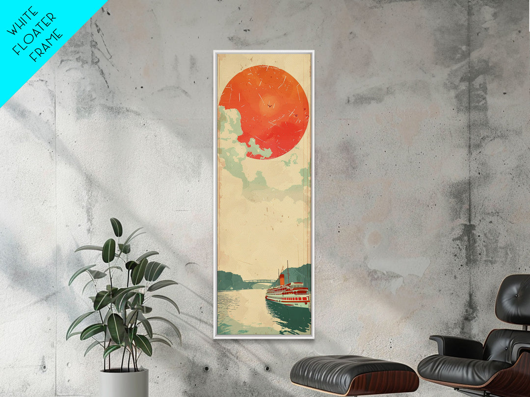 Large Red Sun Over River, Japanese Art Inspired by Ukiyo-e, Framed Canvas Print for Tall Skinny Wall Spaces