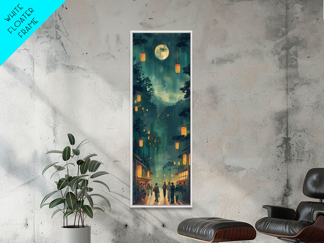Framed Canvas Print Of A Nighttime Japanese Festival Scene With Lanterns And Pine Trees, Traditional Wall Art Ready To Hang