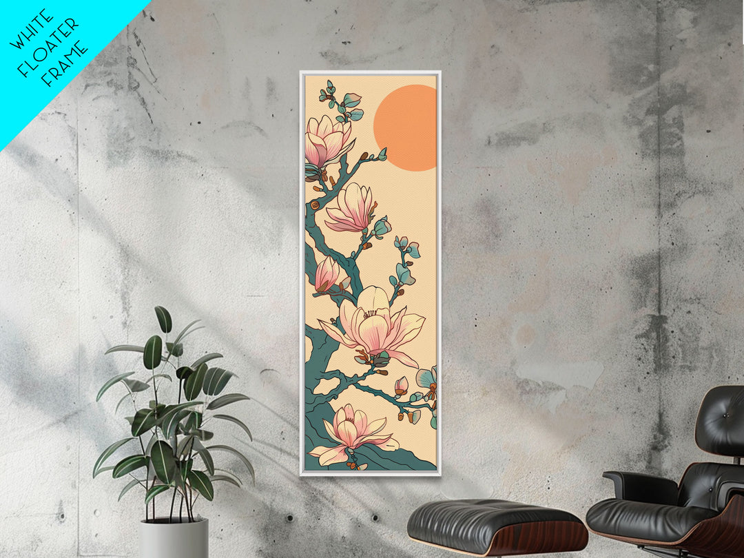 Delicate Magnolia Blossoms in Ukiyo-e Style, Tall Skinny Framed Canvas Print, Japanese Art for Vertical Spaces