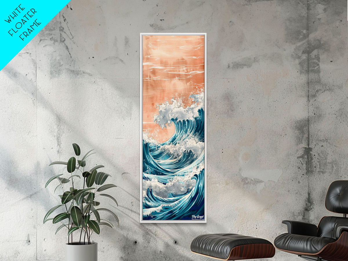 Majestic Wave, Peach Sky, Japanese Art, Skinny Art, Tall Art, Framed Canvas Print, Ukiyo-e Style