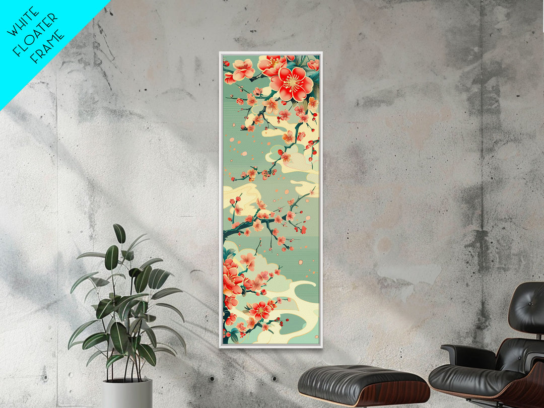 Plum Blossoms, Turquoise Sky, Japanese Art, Skinny Art, Tall Art, Framed Canvas Print, Ukiyo-e Style
