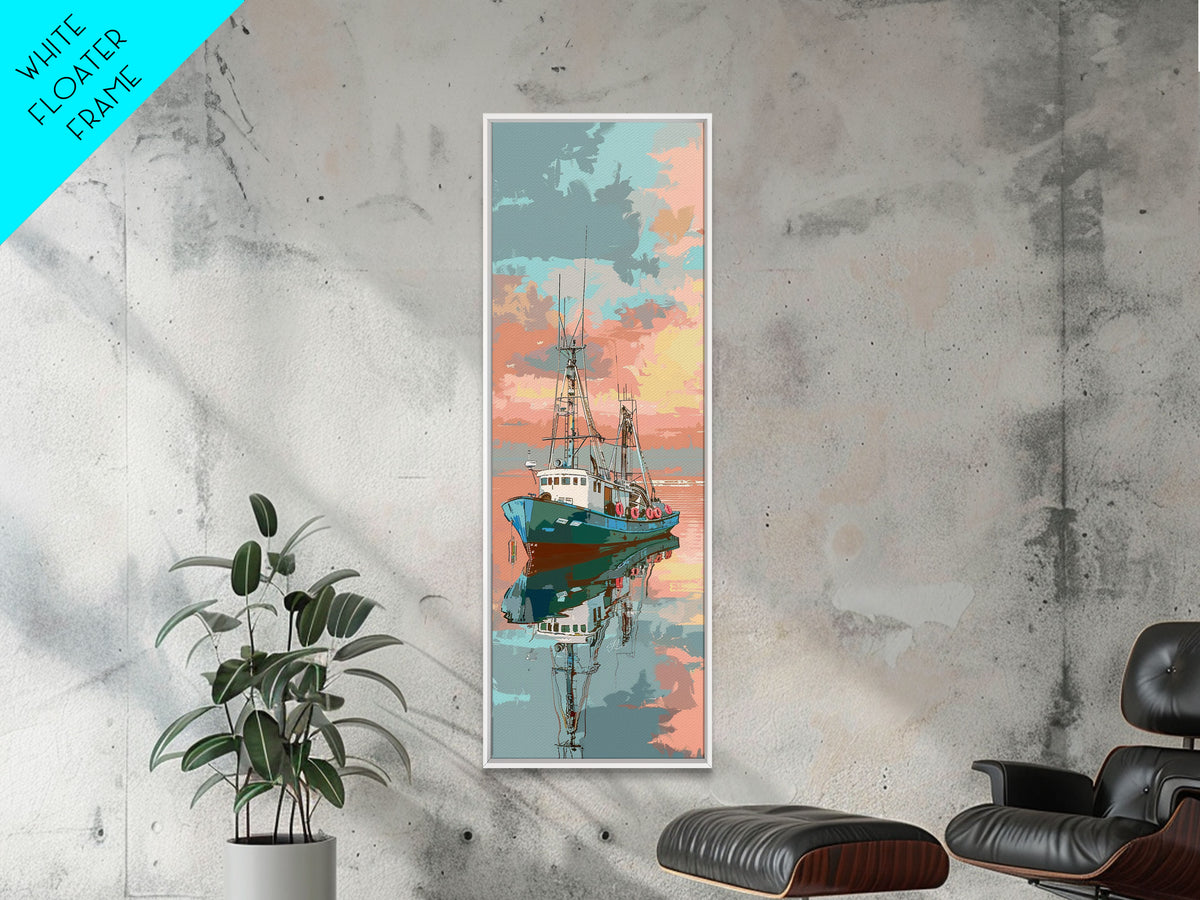 Fishing Boat, Calm Waters, Japanese Art, Skinny Art, Tall Art, Framed Canvas Print, Ukiyo-e Style
